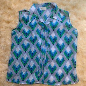 Vintage 70s Blue Green Psychedelic Patterned Sleeveless Button Down